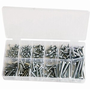 VIJCI KNIPING ZA PLOČEVINU TORX 170 DIJELNI SET BOX BS170 organizirani u preglednoj plastičnoj kutiji za radionicu.