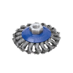 Rotacijska kolutna žičana četka promjera 100 mm, model 476.50GZ, s valovitom čeličnom žicom i prihvatom za kutnu brusilicu namijenjena za uklanjanje hrđe i boje.