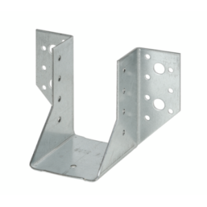 Metalni spojni element nosač tip A dimenzija 120 x 140 mm s montažnim perforacijama čvrsto pričvršćen na spoju drvenih greda.
