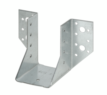 Metalni spojni element nosač tip A dimenzija 120 x 140 mm s montažnim perforacijama čvrsto pričvršćen na spoju drvenih greda.