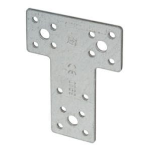 Metalni vezni element T-spojnica dimenzija 160 x 98 x 45 mm s montažnim otvorima pričvršćen na okomitom spoju dviju drvenih greda.
