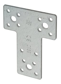 Metalni vezni element T-spojnica dimenzija 160 x 98 x 45 mm s montažnim otvorima pričvršćen na okomitom spoju dviju drvenih greda.