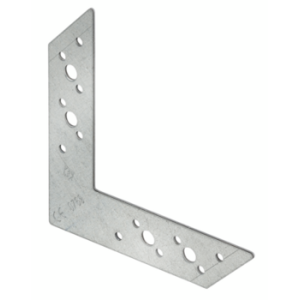 Masivni perforirani metalni spojni kutnik dimenzija 160 x 115 x 35 mm montiran na spoju drvenog stupa i poprečne grede.