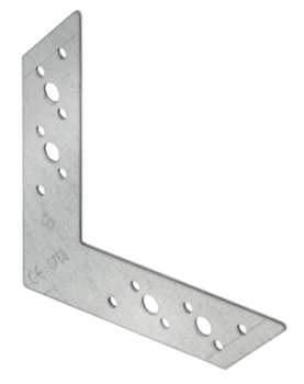 Masivni perforirani metalni spojni kutnik dimenzija 160 x 115 x 35 mm montiran na spoju drvenog stupa i poprečne grede.