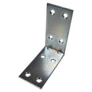 Metalni namještajni kutnik 60x60x30 mm s 8 montažnih rupa pričvršćen na spoju dviju drvenih greda.