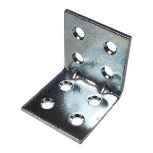 Metalni namještajni kutnik 30x30x30 mm s 8 montažnih rupa pričvršćen na spoju dviju drvenih ploča.