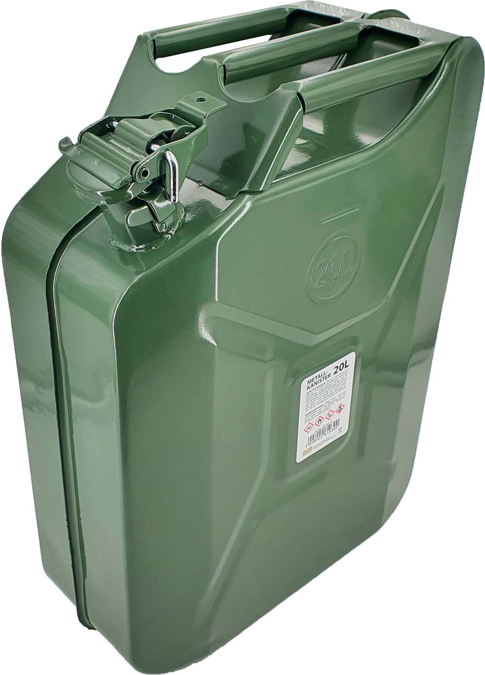 METALNA POSUDA ZA GORIVO 20L DE-MK-20 - Metalni kanister (jerrycan) za gorivo, 20 litara, crveni/zeleni, s hermetičkim zatvaračem.