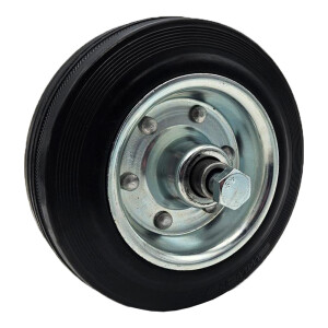 Kolo guma 125mm solo s črno gumirano plastjo in srebrnim jeklenim platiščem brez ohišja na beli podlagi.